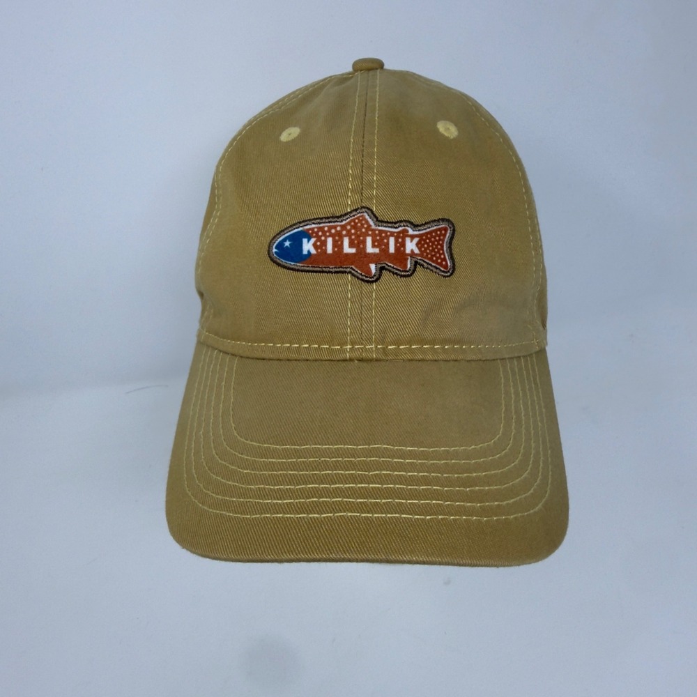 Killik Baseball Dad Hat Cap Beige Blue Strap Back Fish Trout Embroidered‎ Hat